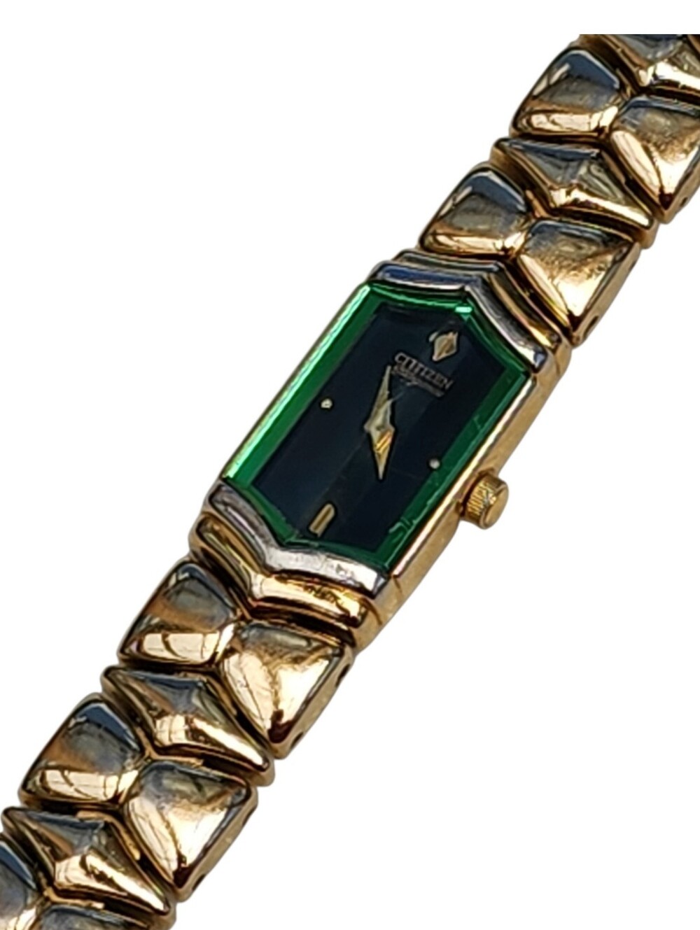Vintage 90s Citizen Elegance 5421 Women Green Dial Gold-Tone Hexagon Watch 7.25"